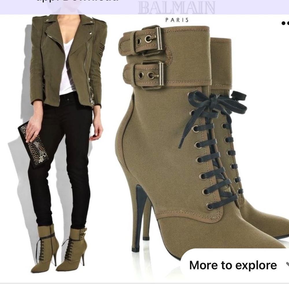 Giuseppe Zanotti Balmain Olive Green Canvas Lace Up Ankle Booties 37.5 Italian